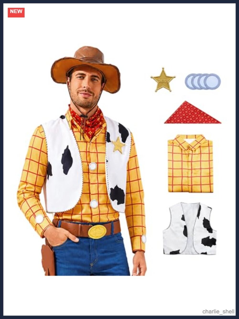 Men's Cowboy Sheriff Costume Plaid Button Down Shirt Vest Bandana Badge